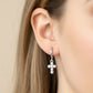 Madeline Love Silver, White Gold White Gold Dipped Center Pearl Cross Charm Drop Mini Huggie Hoop Earrings - extra