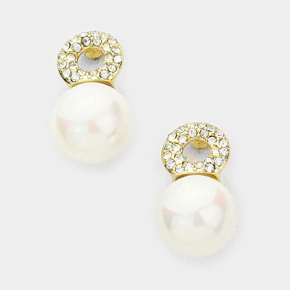 Madeline Love Cream, Gold Crystal Pearl Drop Stud Earrings