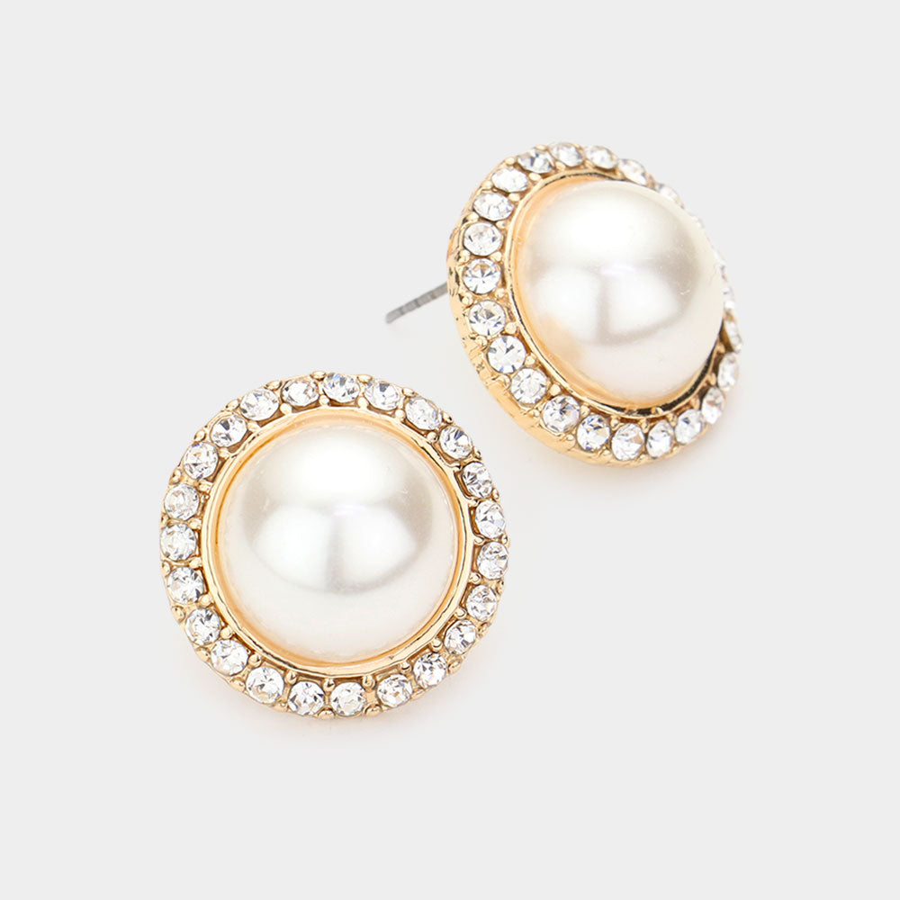 Madeline Love Cream Rhinestone Trimmed Round Pearl Stud Earrings