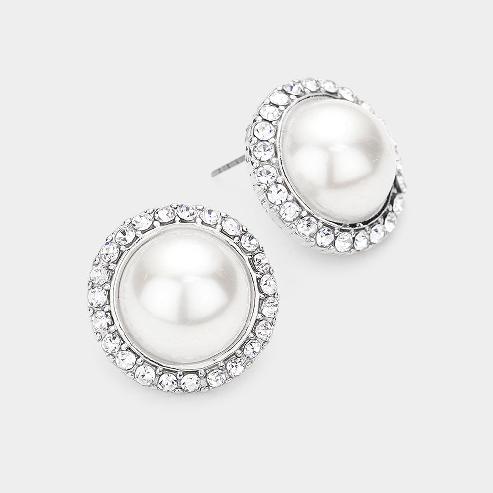 Madeline Love White Rhinestone Trimmed Round Pearl Stud Earrings