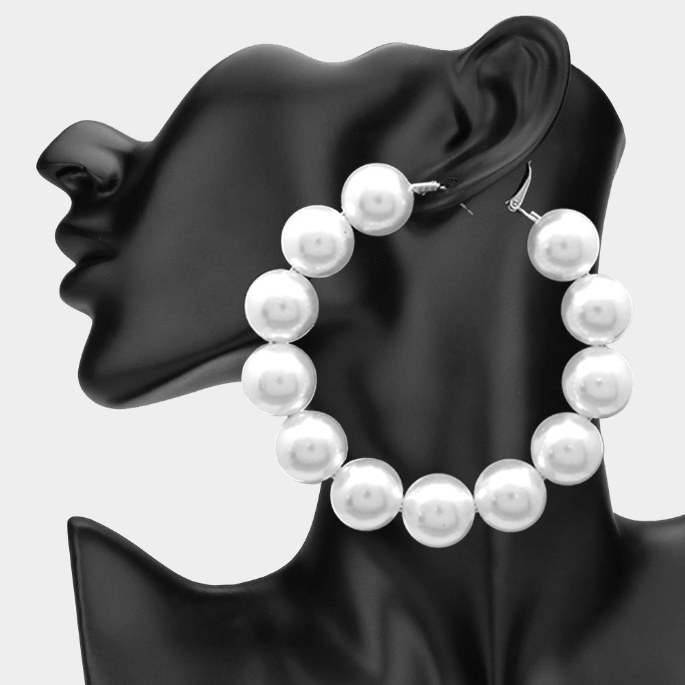 Madeline Love Rhodium, White Oversized Pearl Hoop Earrings