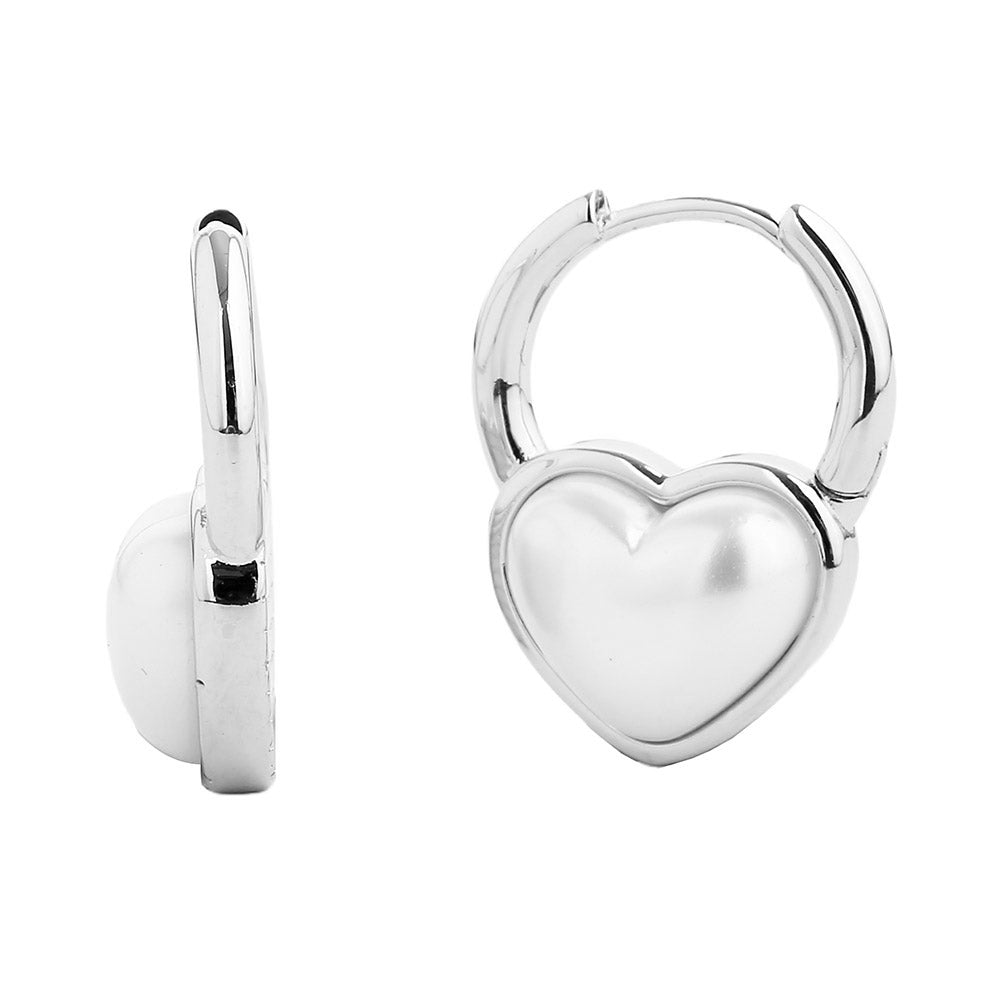 White Gold Dipped Pearl Heart Huggie Earrings