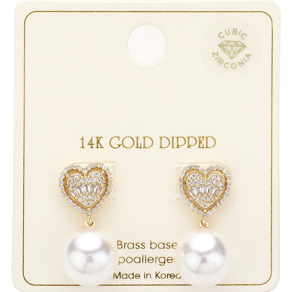 14K Gold Dipped Crystal CZ Stone Paved Heart Top Pearl Dangle Earrings