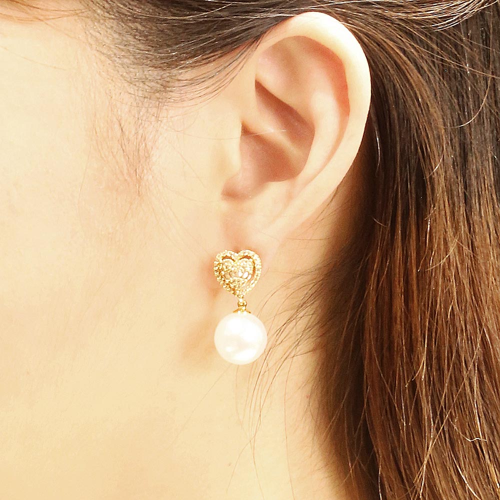 14K Gold Dipped Crystal CZ Stone Paved Heart Top Pearl Dangle Earrings