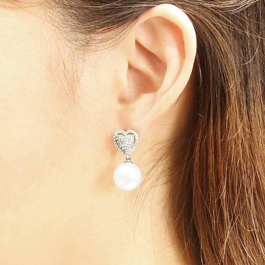 White Gold Dipped Crystal CZ Stone Paved Heart Top Pearl Dangle Earrings