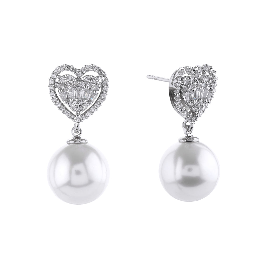 White Gold Dipped Crystal CZ Stone Paved Heart Top Pearl Dangle Earrings