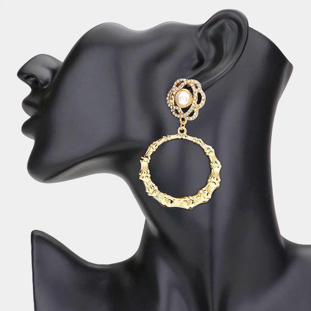 Madeline Love Gold Pearl Rhinestone Embellished Flower Open Metal Bamboo Link Dangle Earrings