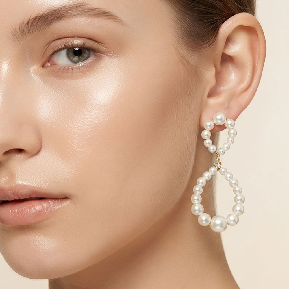 Madeline Love Cream, Gold Pearl Beaded Double Teardrop Link Statement Earrings