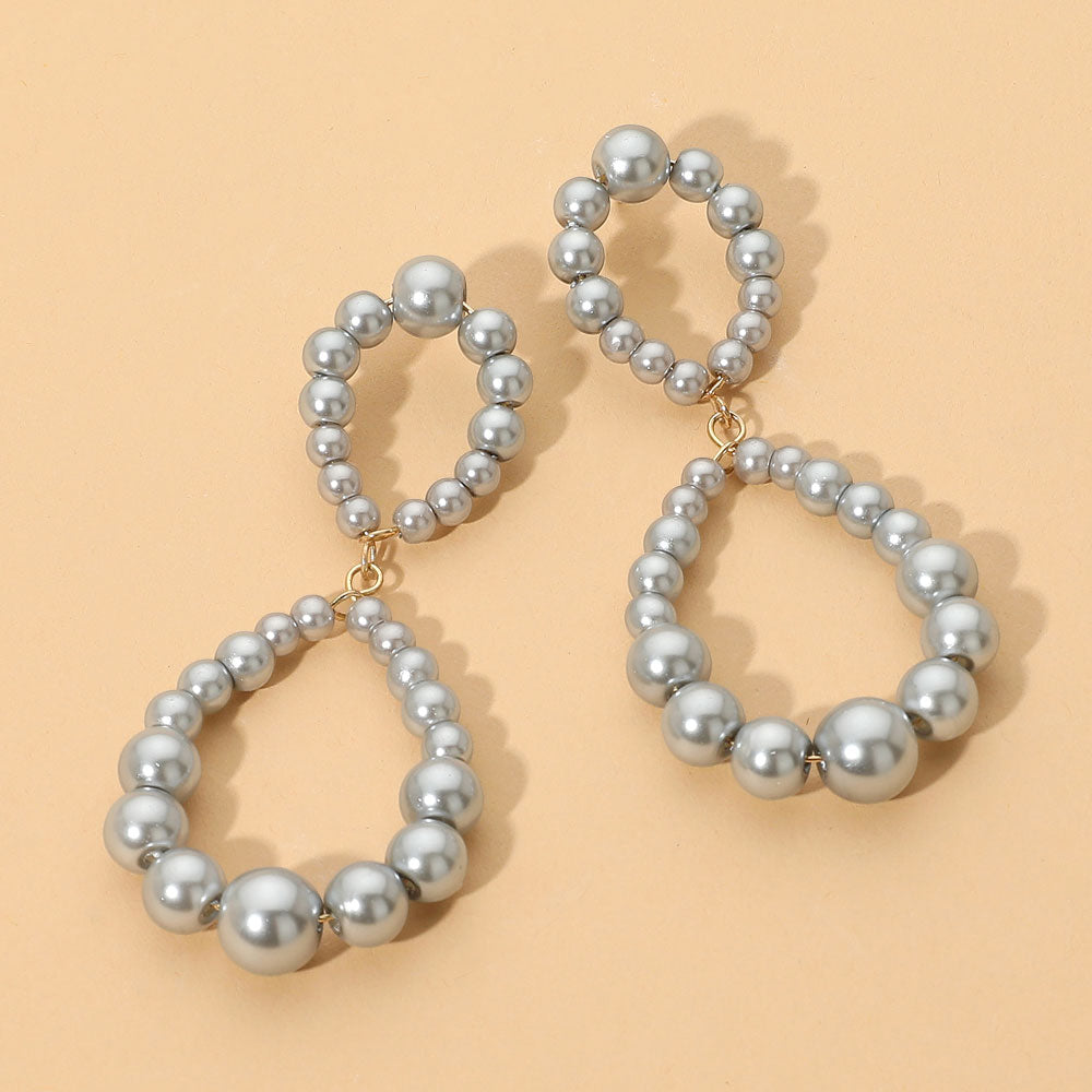 Madeline Love Gold, Gray Pearl Beaded Double Teardrop Link Statement Earrings