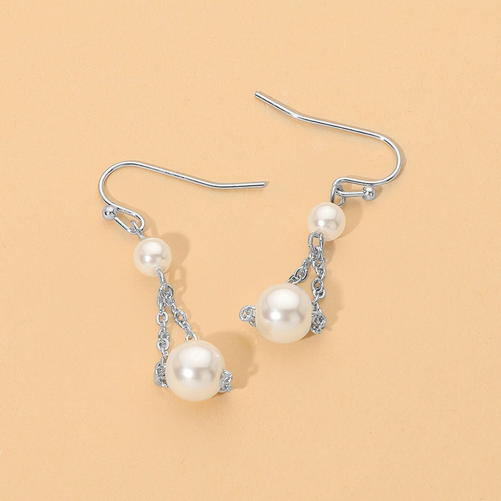 Madeline Love Cream, Rhodium Pearl Beaded Chain Drop Earrings