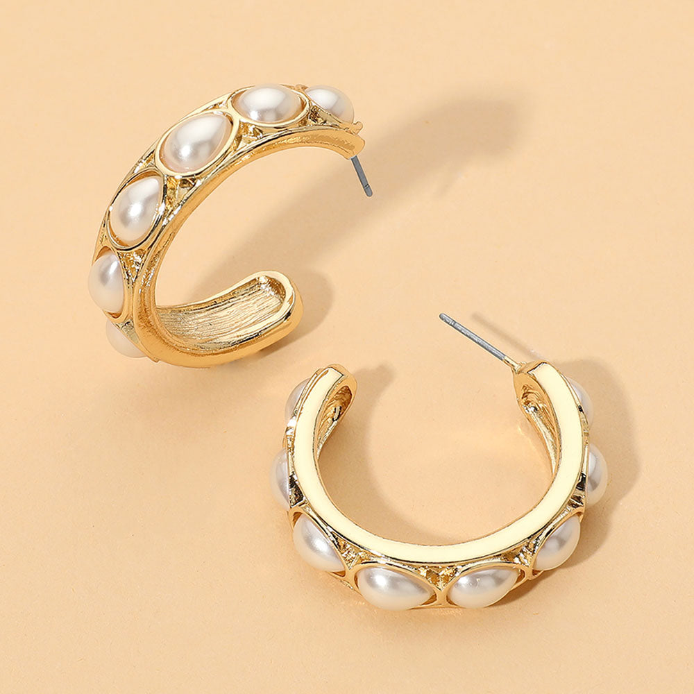 Madeline Love Cream, Gold Oval Pearl Accent Chunky Hoop Earrings