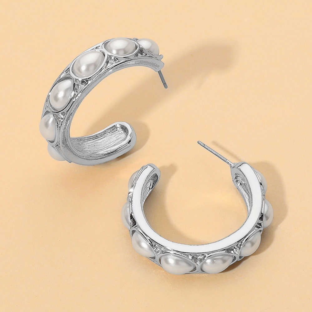 Madeline Love Cream, Rhodium Oval Pearl Accent Chunky Hoop Earrings