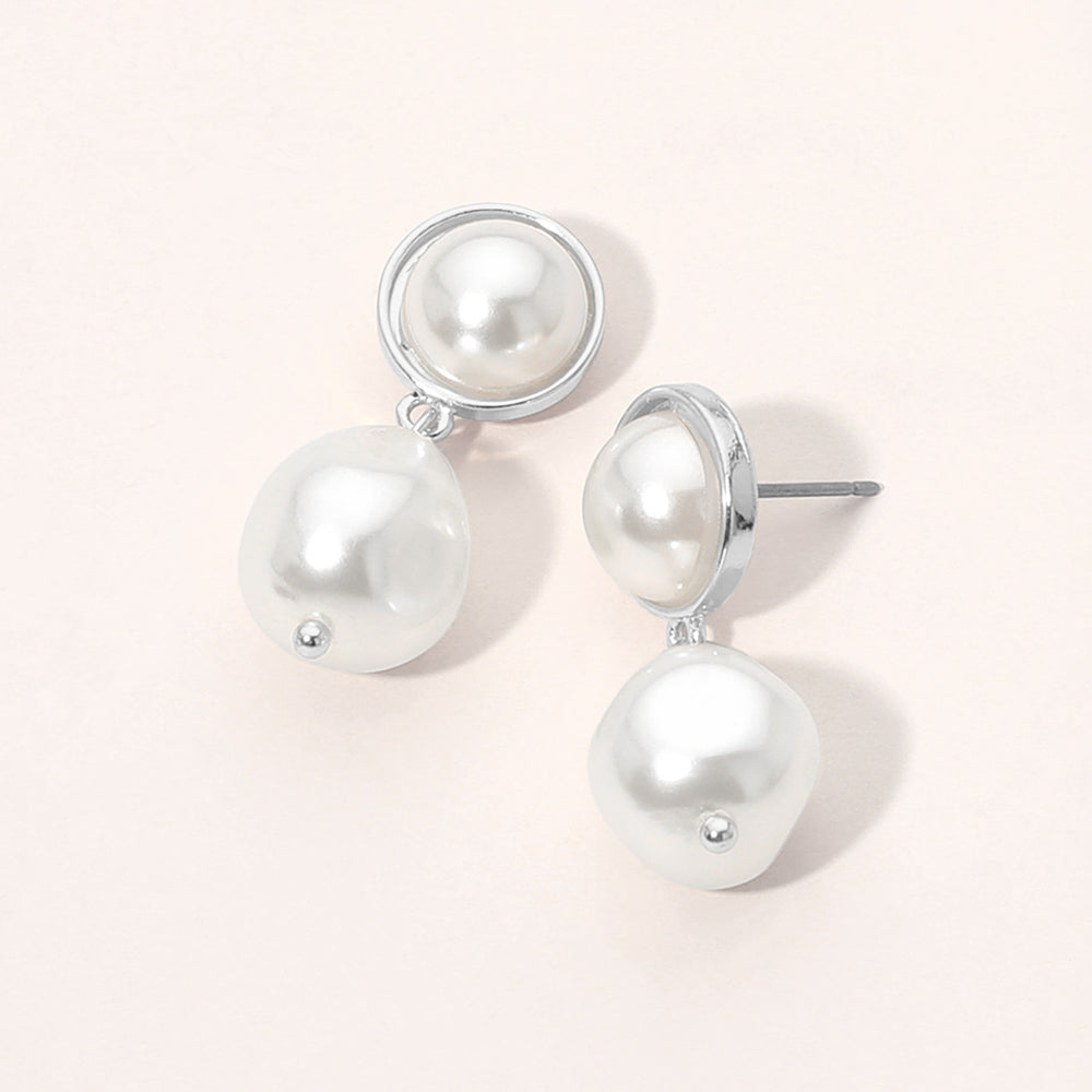 Madeline Love Cream, Rhodium Double Pearl Drop Earrings