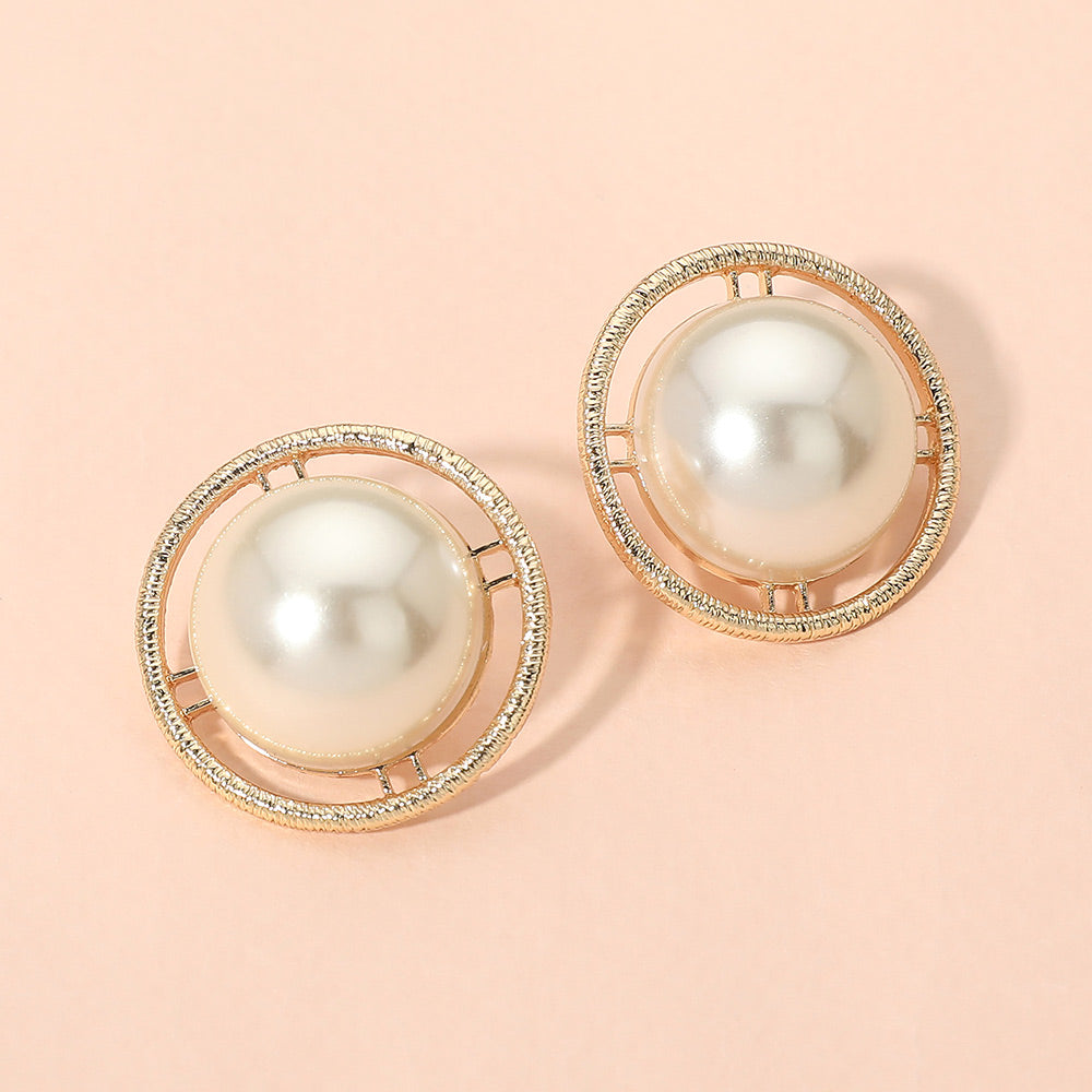 Madeline Love Cream, Gold Round Frame Pearl Earrings