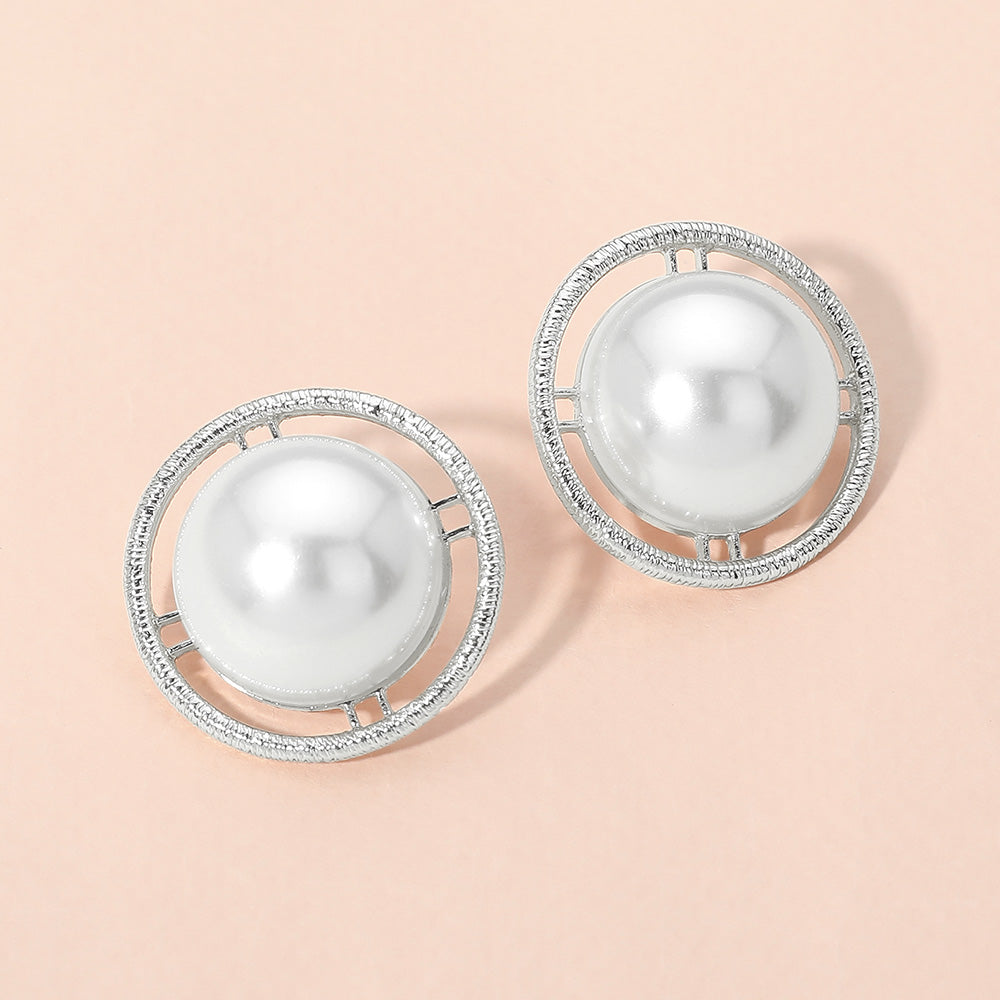 Madeline Love Rhodium, White Round Frame Pearl Earrings