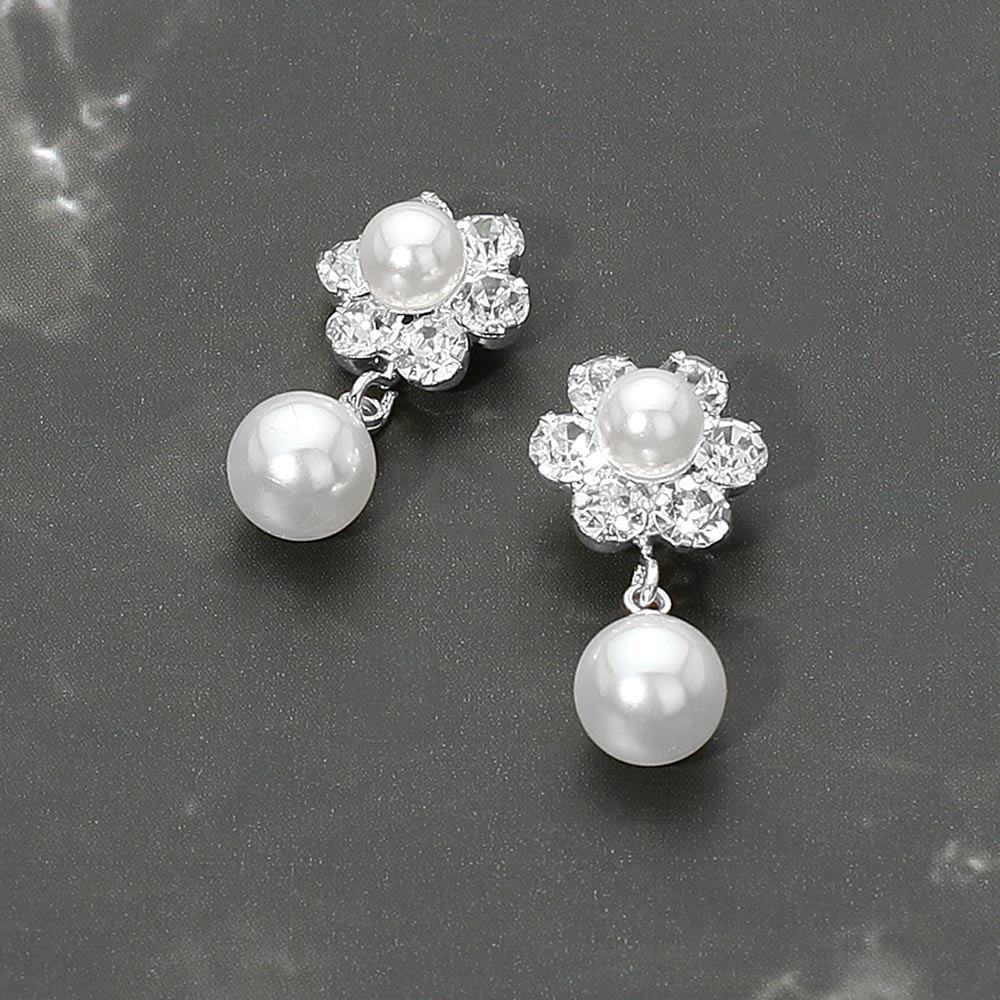 Madeline Love Silver, White Floral Pearl Drop Evening Earrings