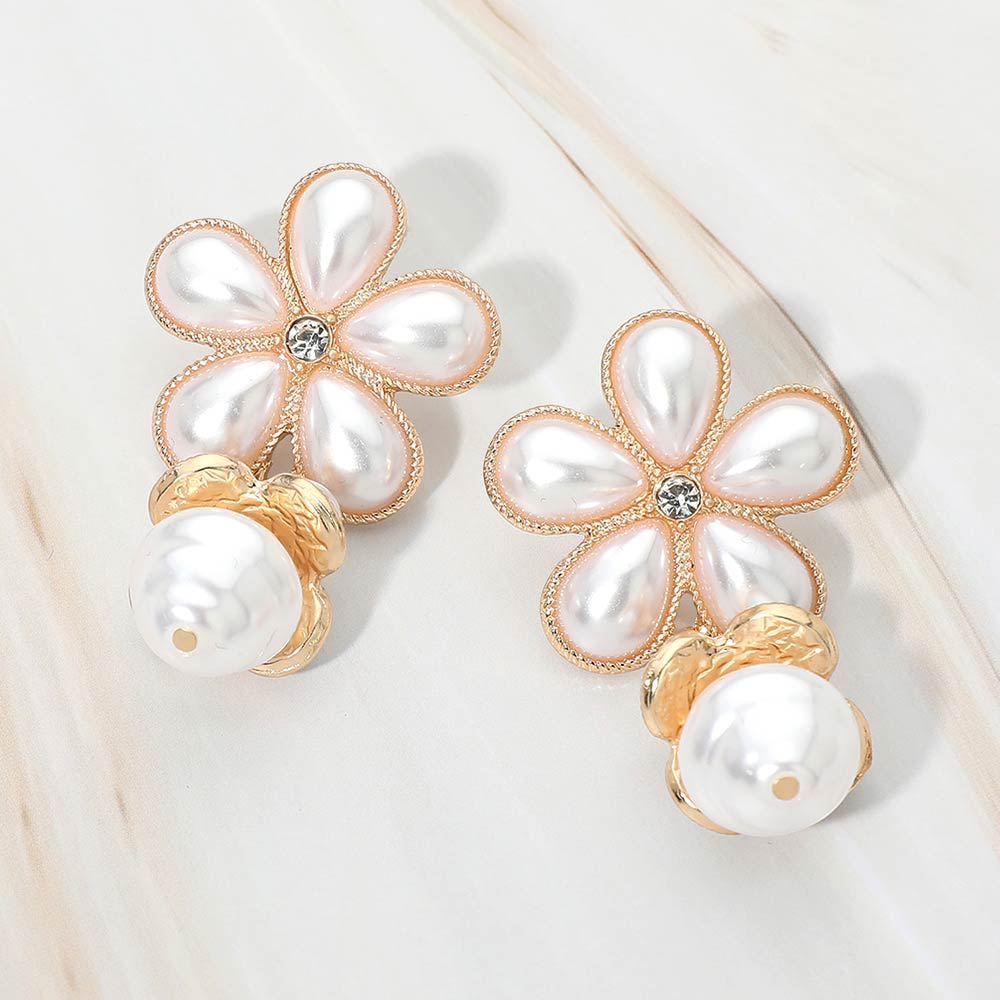 Madeline Love Cream, Gold Bold Pearl Floral Drop Earrings