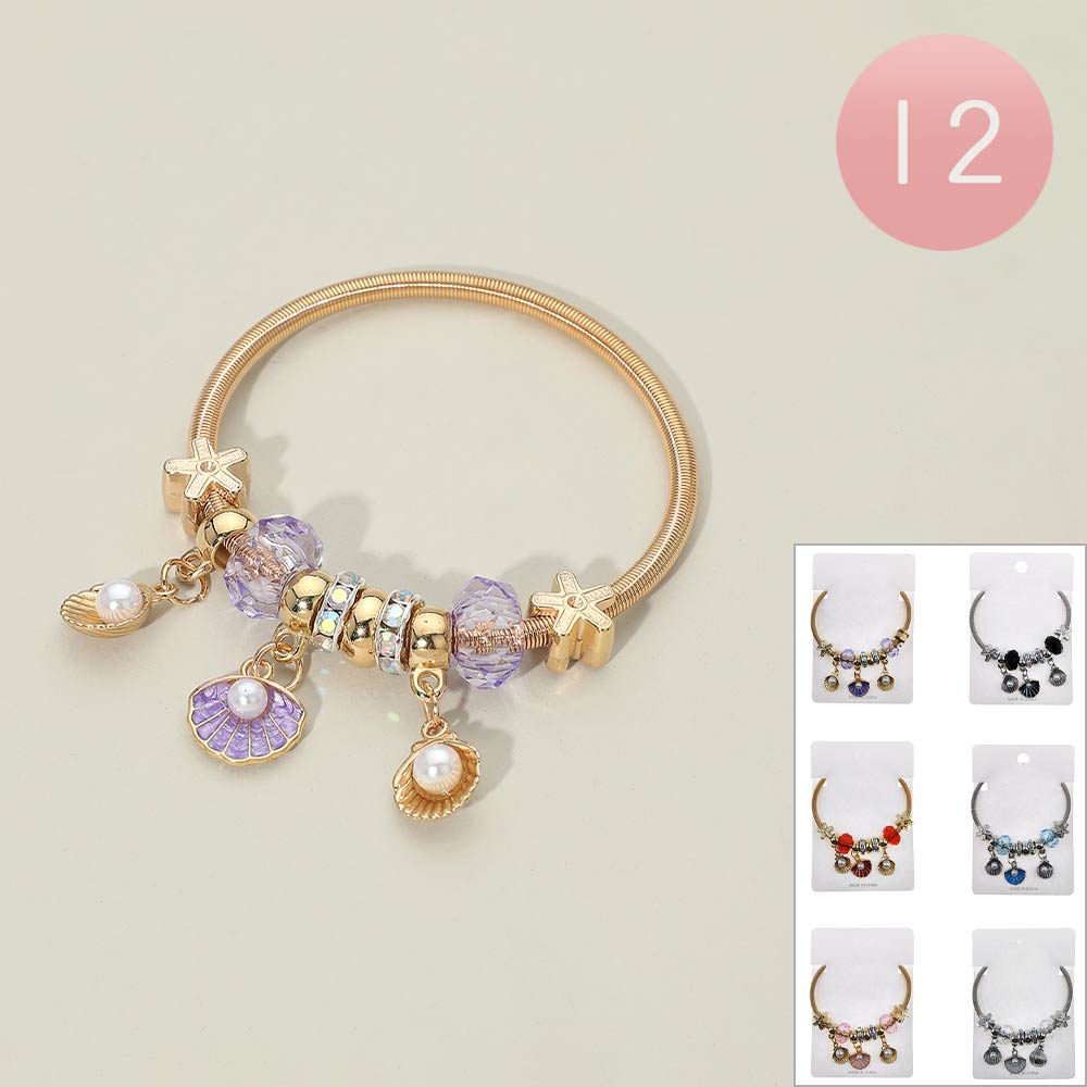 Madeline Love Assorted 12PCS - Pearl Accent Shell Charm Starfish Beaded Stretch Bracelets - Jewelry