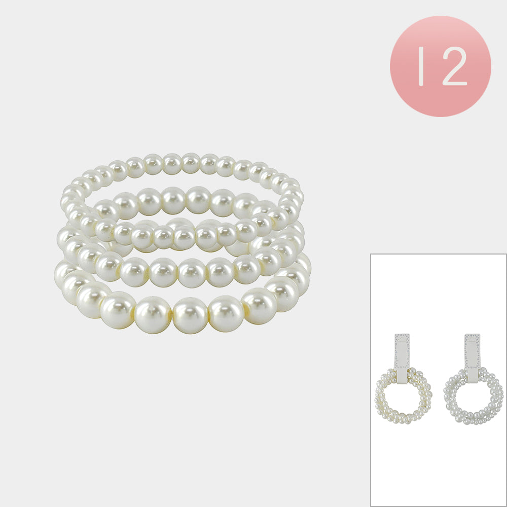 Madeline Love White 12 SET OF 3 - Pearl Stretch Multi Layered Bracelets - Jewelry