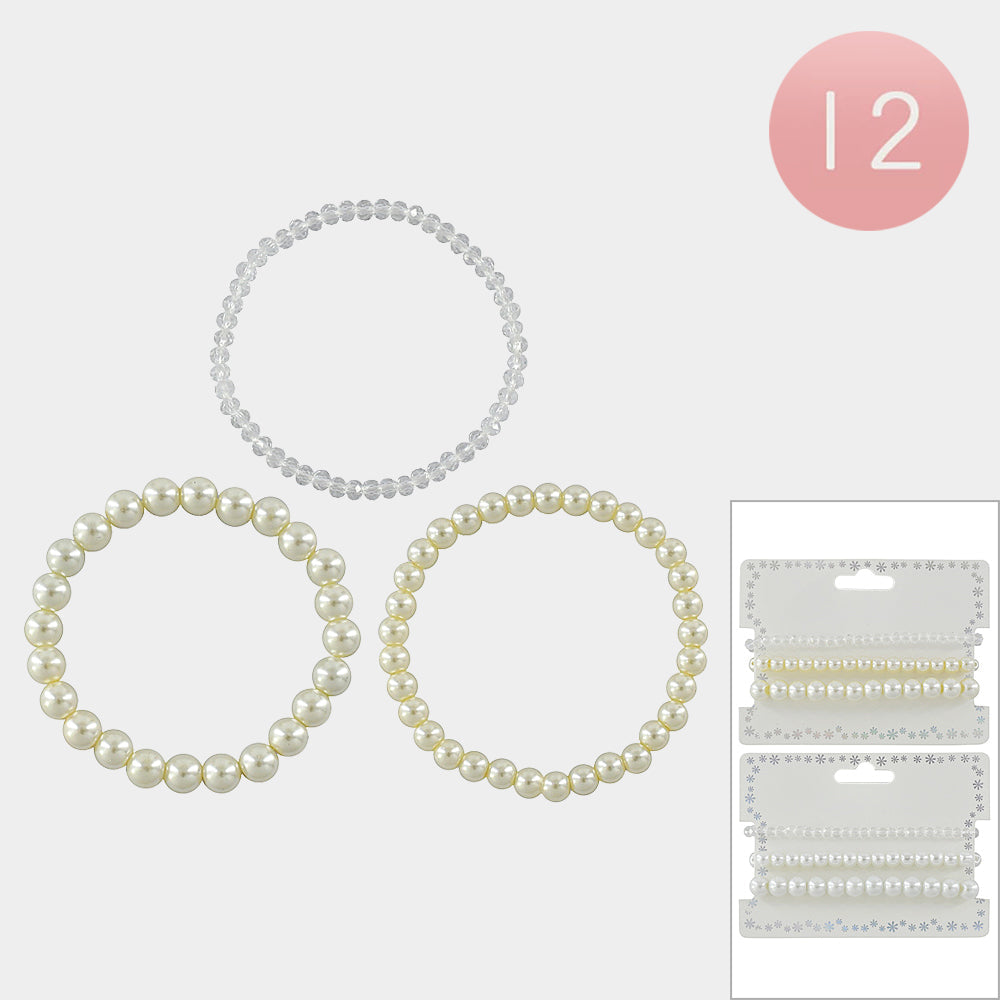 Madeline Love Cream, White 12 SET OF 3 - Pearl Stretch Multi Layered Bracelets - Jewelry