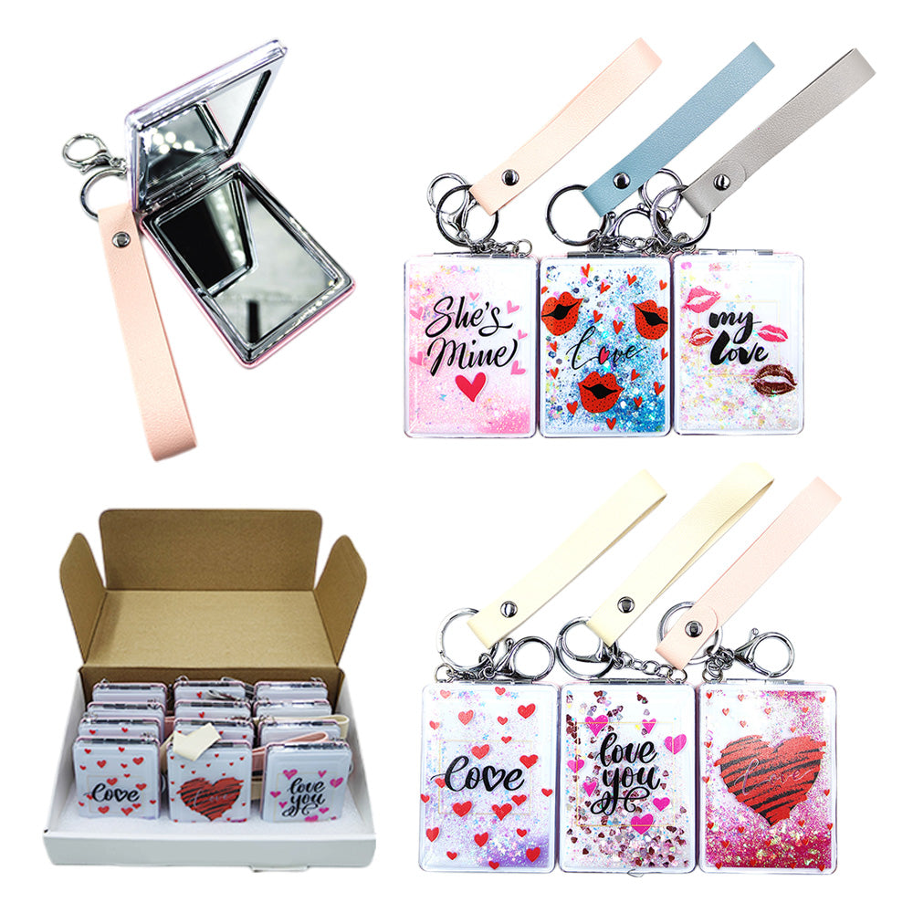 12PCS - LOVE Message Heart Printed Compact Mirror Keychains Set