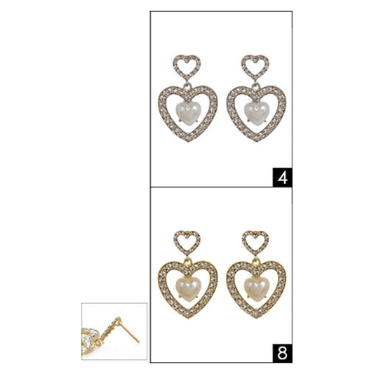 12Pairs - Heart Pearl Pointed Stone Paved Open Heart Dangle Earrings - Gold Silver - Earrings