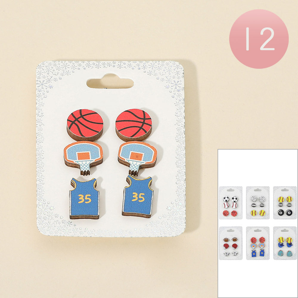 Madeline Love Assorted 12 SET OF 3 - Sports Theme Stud Earring Set - Jewelry