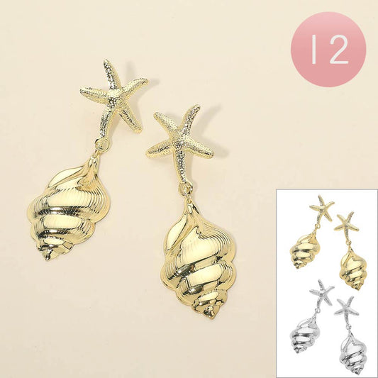 Madeline Love Gold, Silver 12Pairs - Metal Starfish Accent Shell Drop Earrings - Jewelry