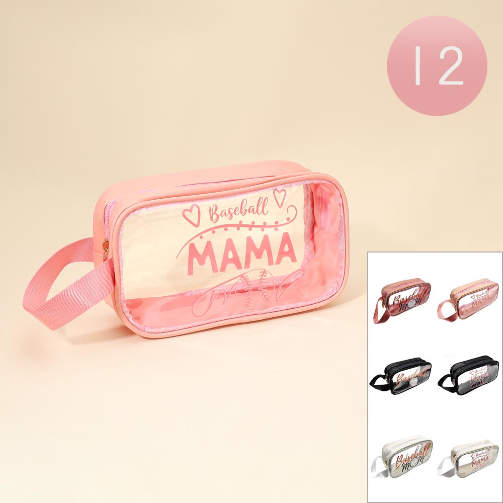 Madeline Love Assorted 12PCS - BASEBALL MAMA Message Printed Transparent Clear Makeup Toiletry Organizer Bags - Sports & Events