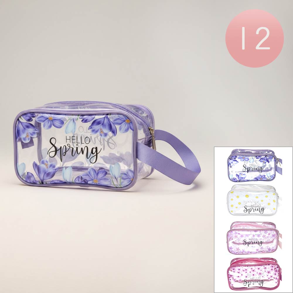 Madeline Love Assorted 12PCS - Hello Spring Message Flower Pattern Print Clear Cosmetic Makeup Travel Organizer Pouch Bags - Jewelry