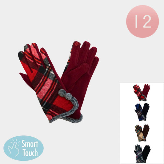 Assorted Add charm and warmth to your winter look with these plaid smart touch gloves featuring pom-pom trim and touchscreen fingertips. Designed for comfort and function, they’re ideal for cold-weather wear. Available in assorted colors and patterns in a 12-pack, making them perfect for personal use or gifting.