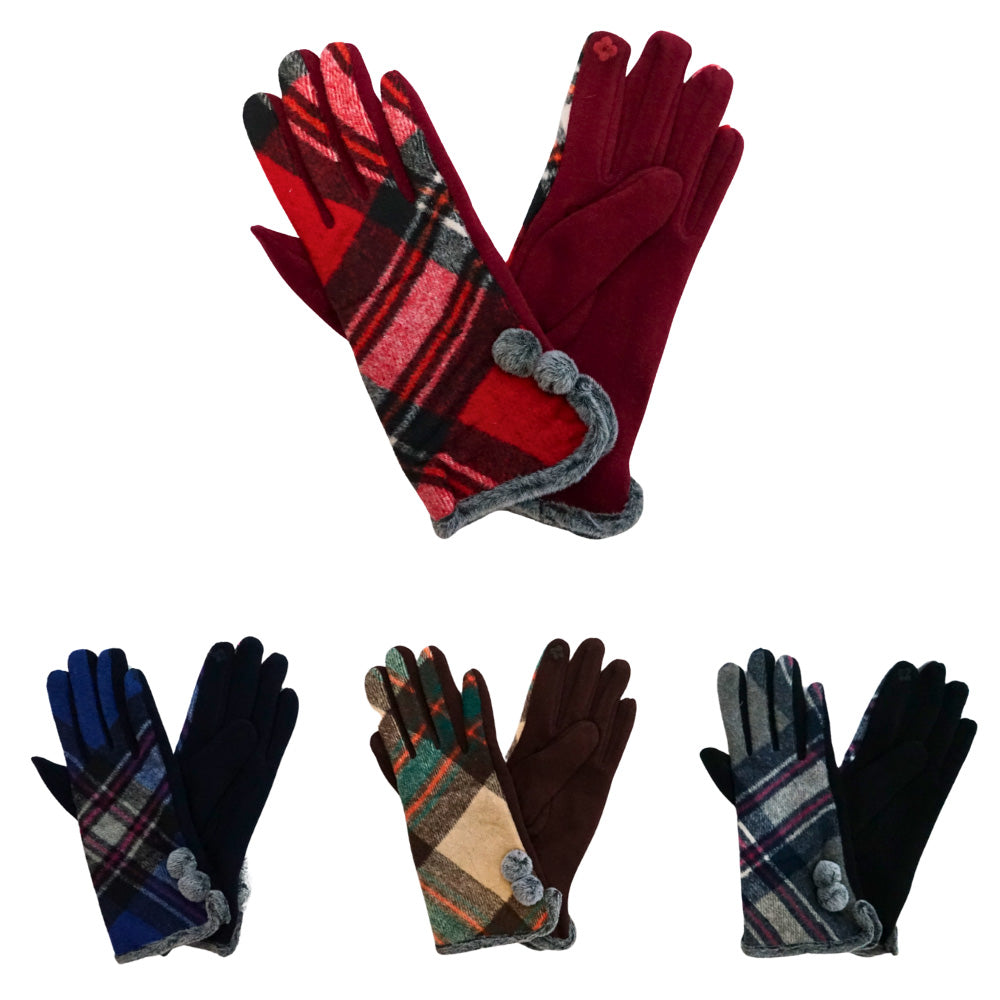 Assorted Add charm and warmth to your winter look with these plaid smart touch gloves featuring pom-pom trim and touchscreen fingertips. Designed for comfort and function, they’re ideal for cold-weather wear. Available in assorted colors and patterns in a 12-pack, making them perfect for personal use or gifting.