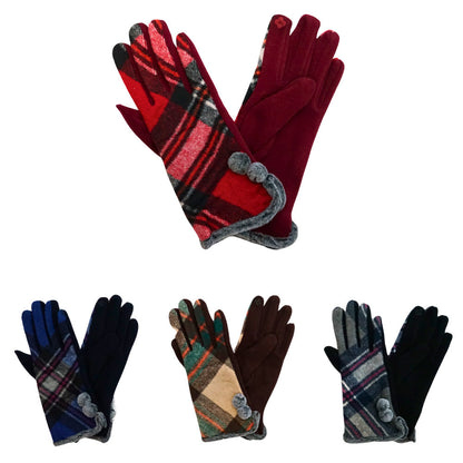 Assorted Add charm and warmth to your winter look with these plaid smart touch gloves featuring pom-pom trim and touchscreen fingertips. Designed for comfort and function, they’re ideal for cold-weather wear. Available in assorted colors and patterns in a 12-pack, making them perfect for personal use or gifting.
