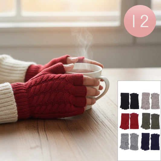 Assorted Warm and cozy cable knit fingerless gloves designed with ribbed cuffs for a snug, comfortable fit. Perfect for keeping hands warm while allowing free movement, these stylish gloves are ideal for cold-weather days, adding both texture and charm to any winter outfit.