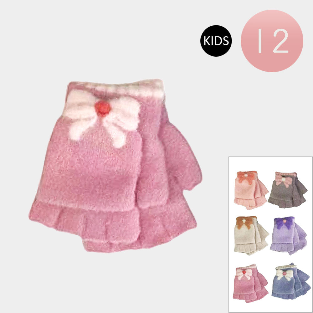 Assorted 12Pairs - Kids Bow Fingerless Flip Top  Knit Winter Gloves