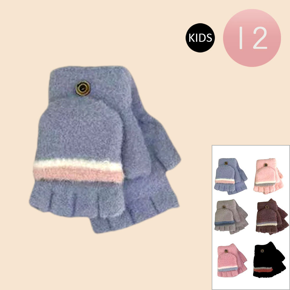Assorted 12Pairs - Kids Stripe Fingerless Flip Top Knit Winter Gloves