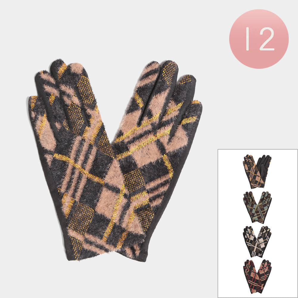 Assorted 12Pairs - Lurex Plaid Check Patterned Touch Smart Winter Gloves