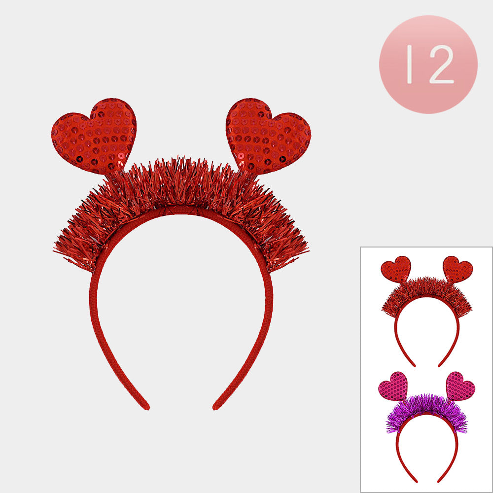 12PCS - Sequin Double Heart Tinsel Decorative Headbands - Assorted - Headbands