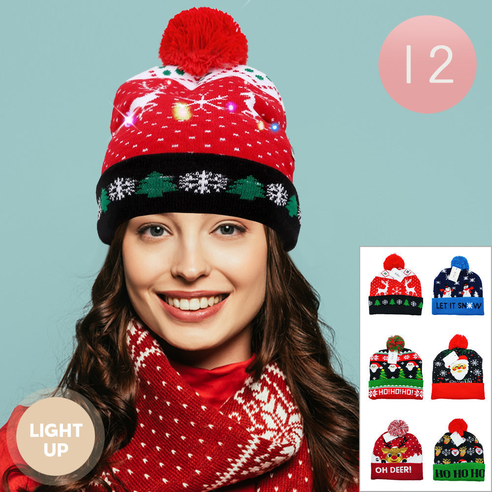 Assorted 12PCS - Light Up Christmas Pom Pom Beanie Hats