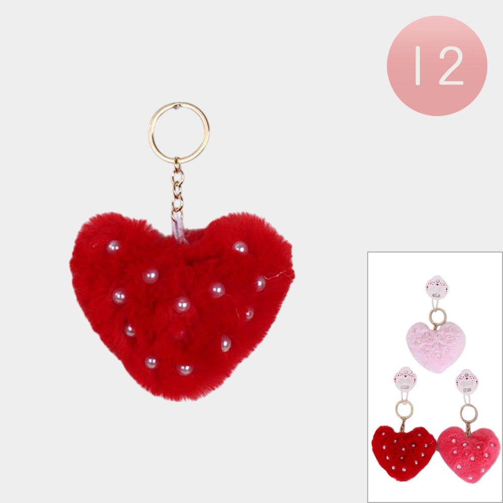 12PCS - Stone Pointed Fuzzy Flush Heart Keychains Set