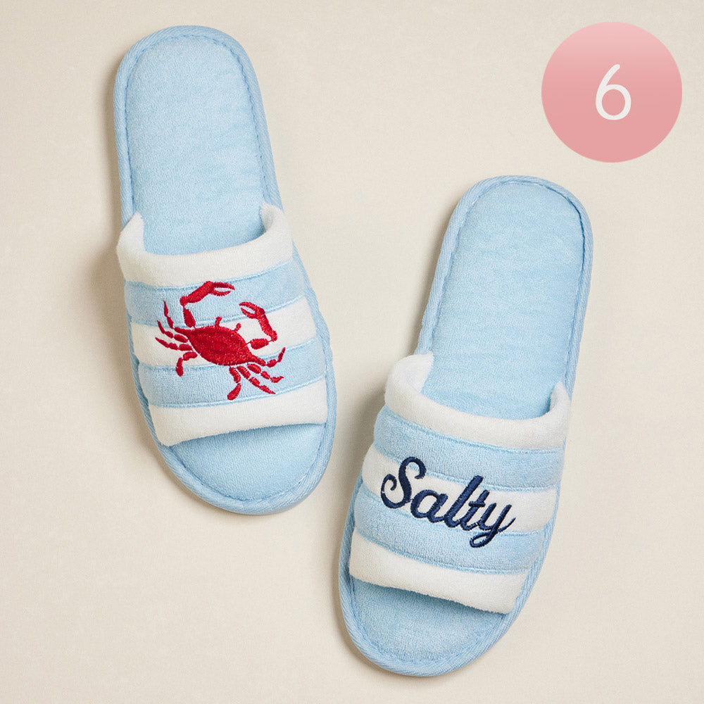 Blue 6Pairs - Crab Salty Message Embroidered Striped Pool Side Slippers / Home Indoor Floor Slippers