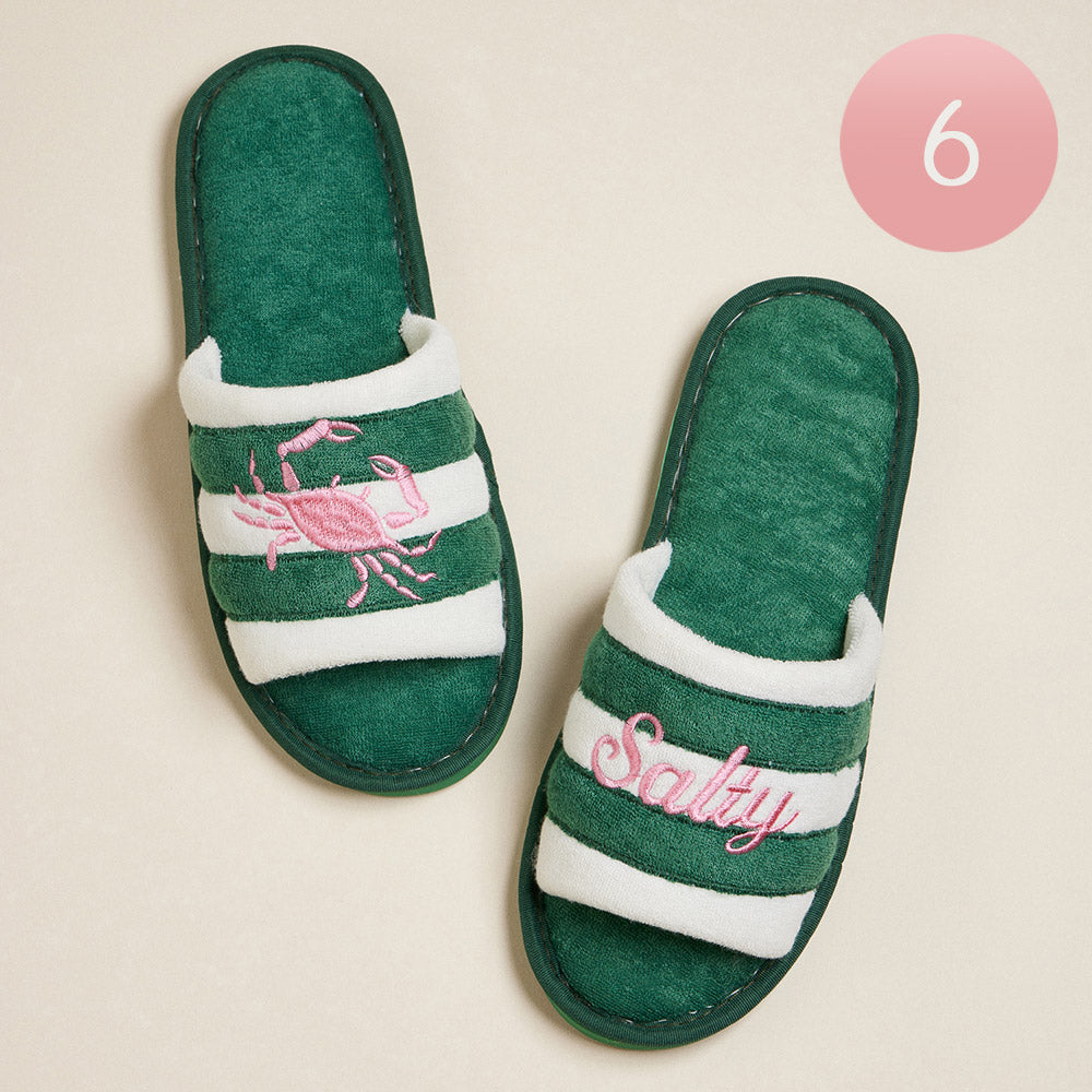 Green 6Pairs - Crab Salty Message Embroidered Striped Pool Side Slippers / Home Indoor Floor Slippers