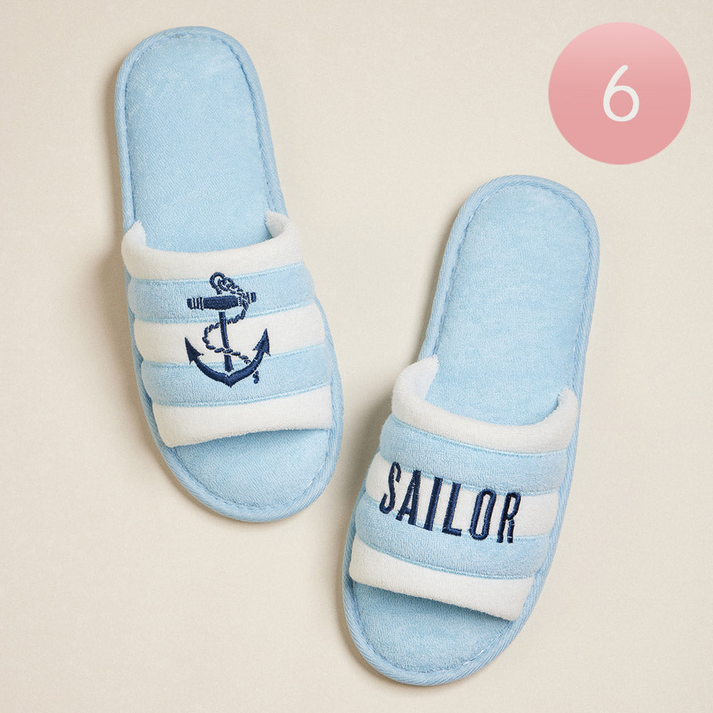 Blue 6Pairs - Anchor Sailor Message Embroidered Striped Pool Side Slippers / Home Indoor Floor Slippers