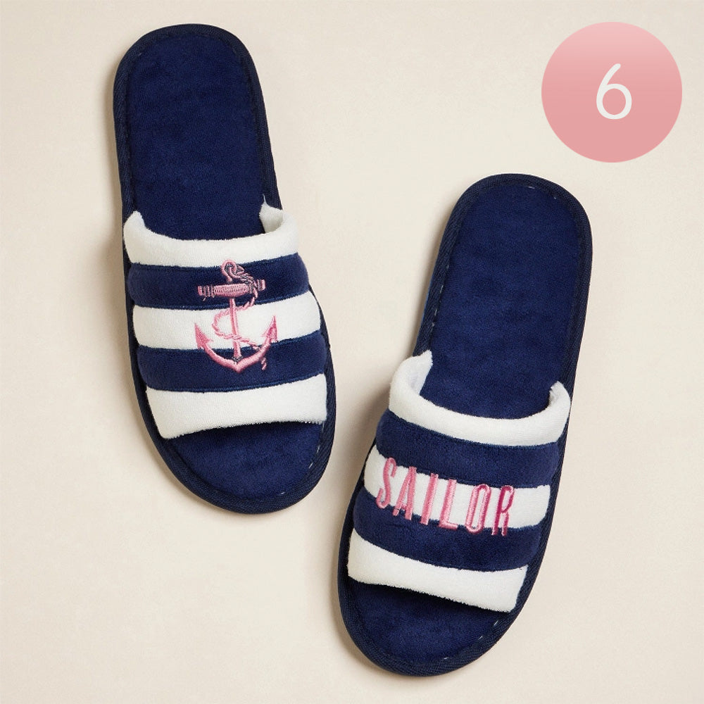 Navy 6Pairs - Anchor Sailor Message Embroidered Striped Pool Side Slippers / Home Indoor Floor Slippers