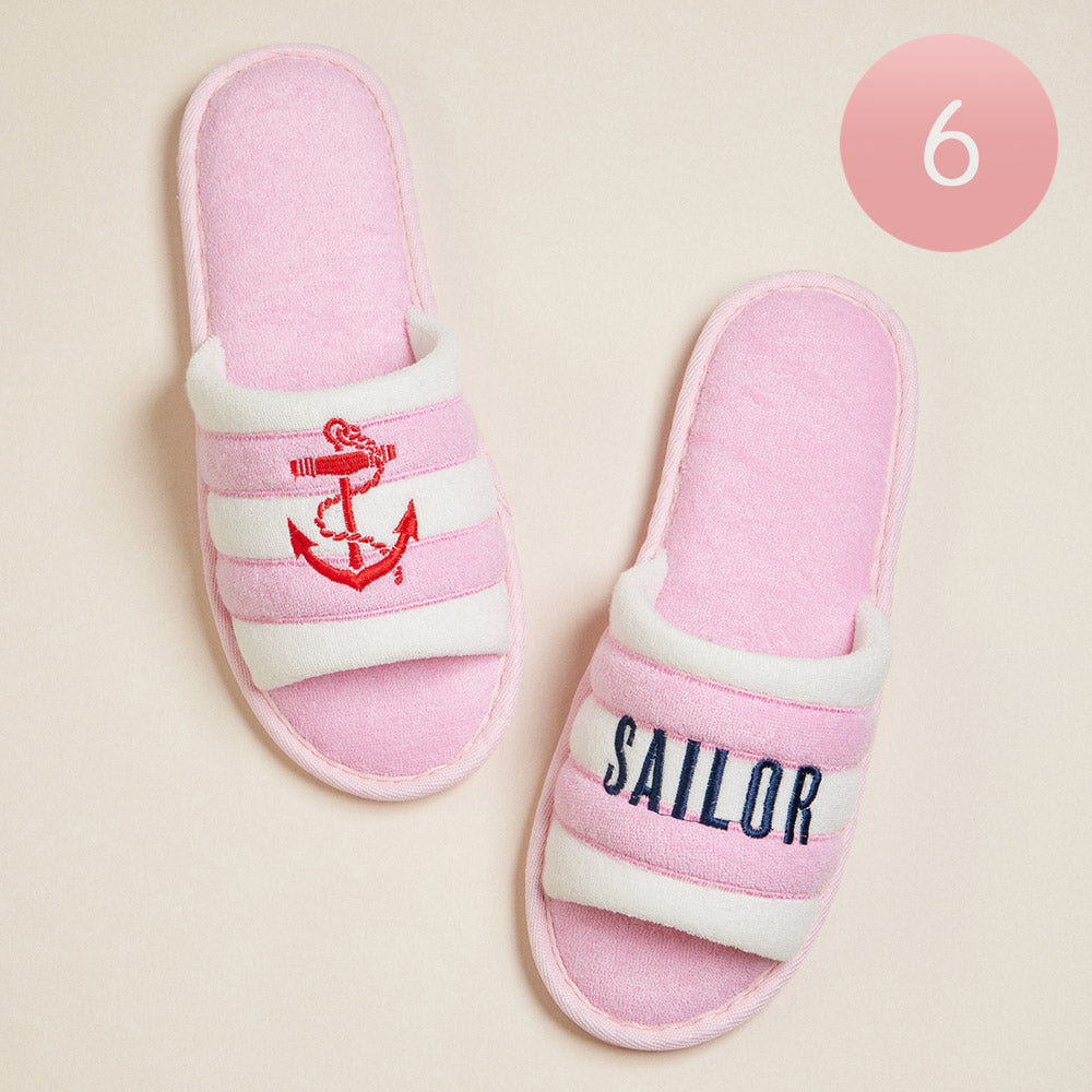Pink 6Pairs - Anchor Sailor Message Embroidered Striped Pool Side Slippers / Home Indoor Floor Slippers