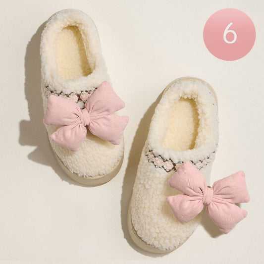 Madeline Love Ivory 6Pairs - Platform Corduroy Puffy Bow Sherpa Indoor Slippers - Hair Accessories