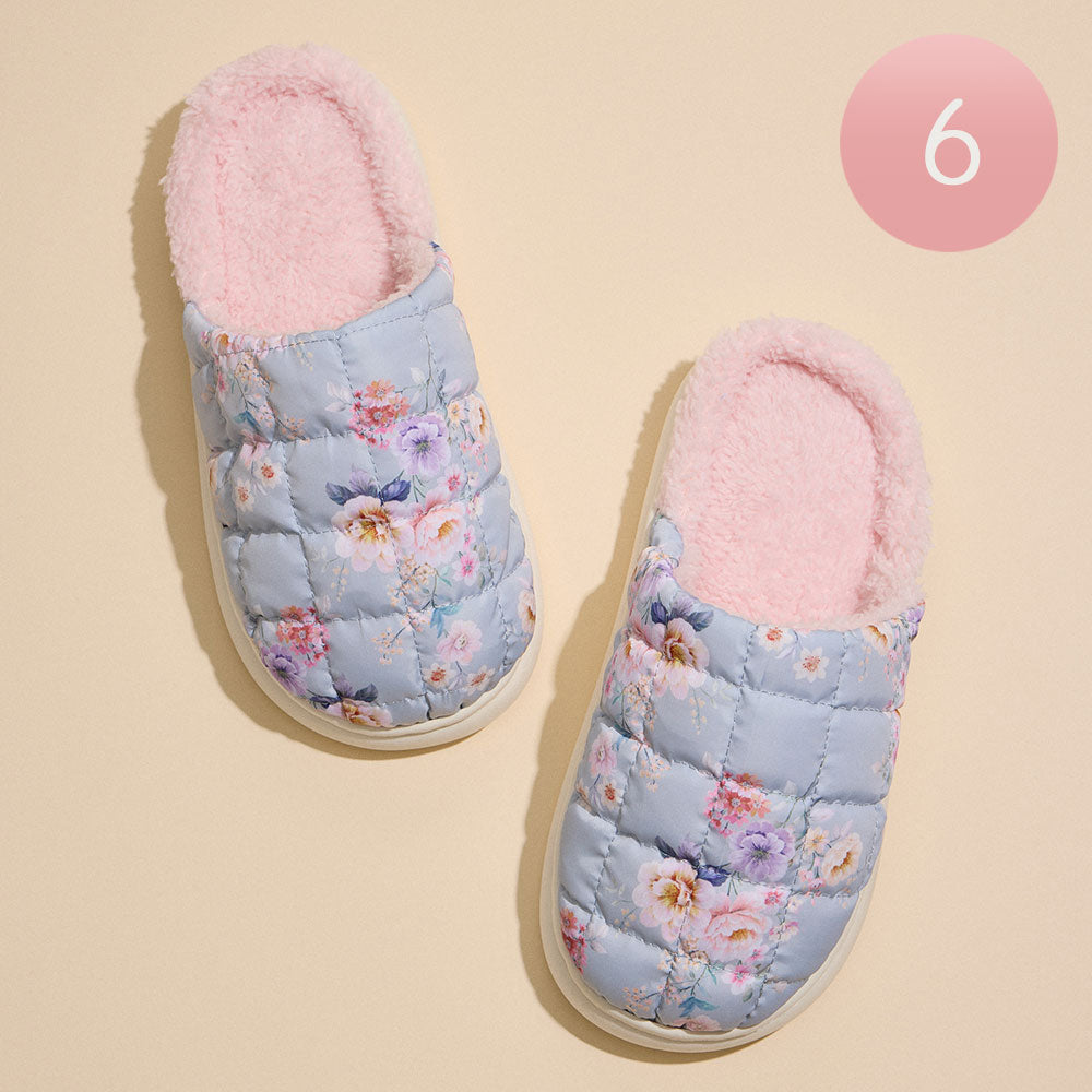 Madeline Love Mint 6Pairs - Floral Patterned Quilted Upper With Padded Sole Indoor Slippers - Hair Accessories