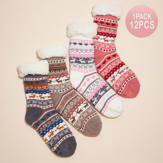 Assorted 12Pairs - Fuzzy Sherpa Cuff Christmas Pattern Socks