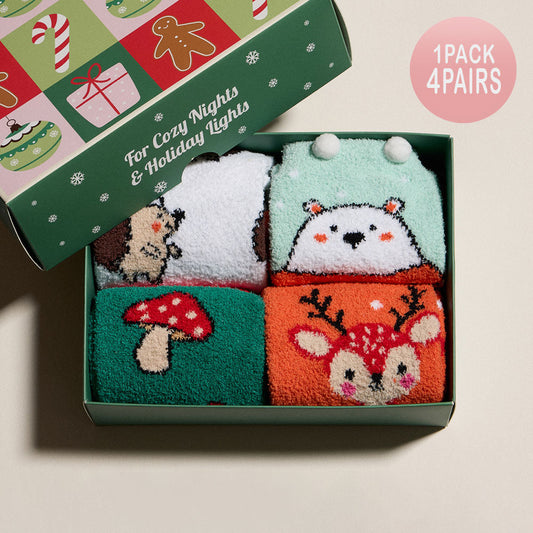 Madeline Love Assorted 4Pairs - Reindeer Mushroom White Bear Hedgehog Christmas Bundle Gift Socks Set - Jewelry