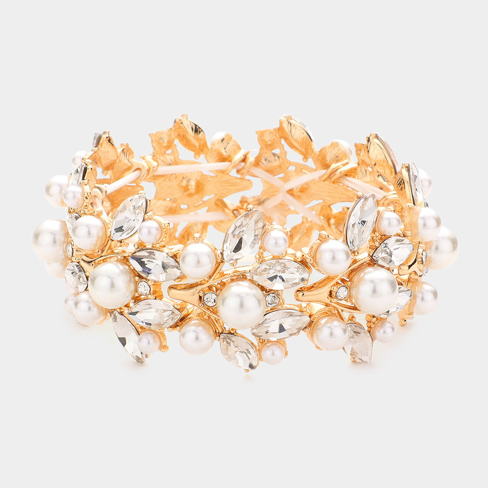 Madeline Love Gold Pearl Embellished Marquise Stone Leaf Stretch Evening Bracelet - Bracelets